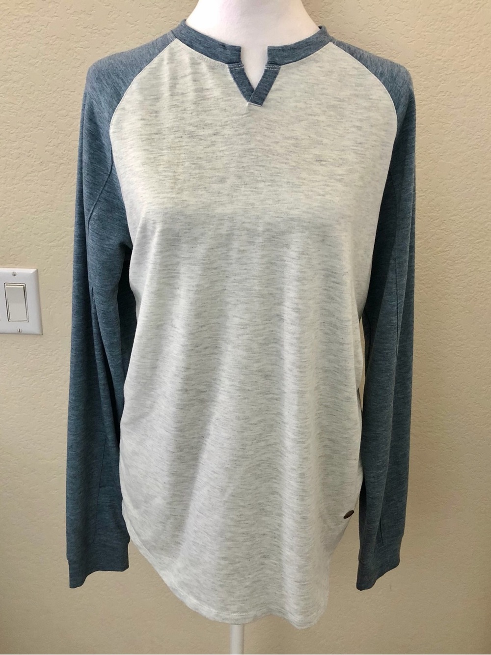 True Grit Two-Tone Crewneck top in Cream and Gray-Blue
